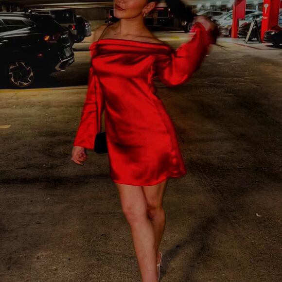 Hyperfire Red Satin Off The Shoulder Long Sleeve Tie Back Mini Dress Sz XS - Picture 1 of 13